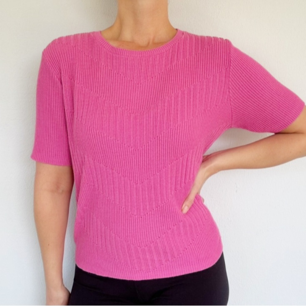 Alfred Dunner Petite pink textured chevron knit short sleeve sweater top medium